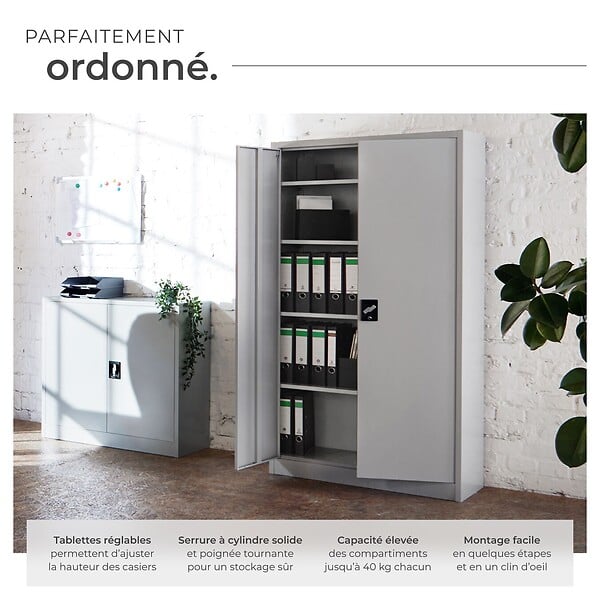 TECTAKE - Armoire métallique verrouillable 4 niveaux gris en acier revêtement poudre 140x90x40 cm - large