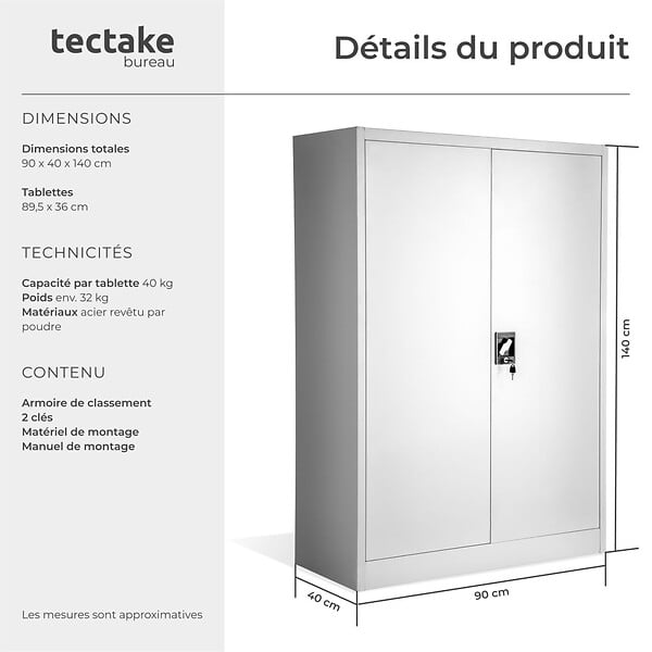 TECTAKE - Armoire métallique verrouillable 4 niveaux gris en acier revêtement poudre 140x90x40 cm - large