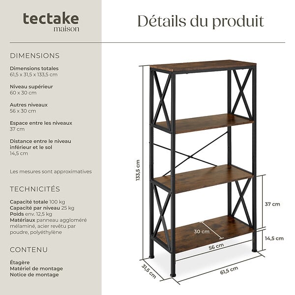 TECTAKE - Etagère Barry 61,5x31,5x133,5cm Bois foncé industriel, rustique - large