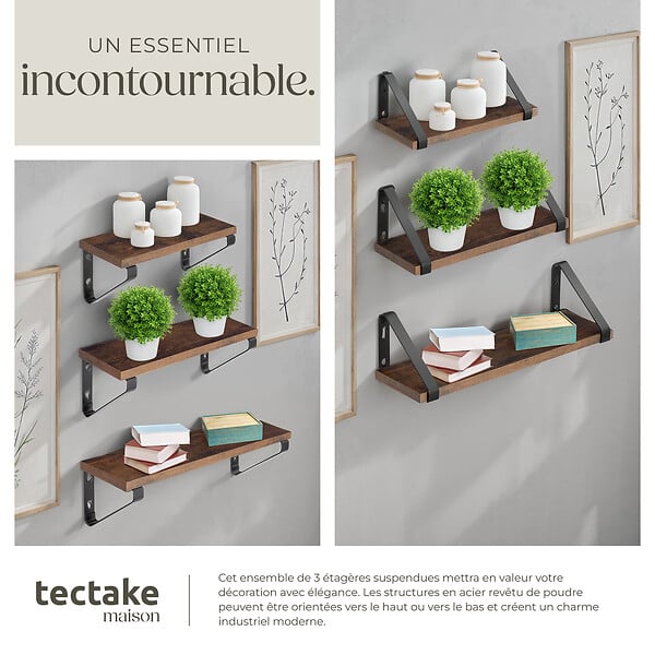 TECTAKE - 3 étagères suspendues Cowell Bois foncé industriel, rustique - large