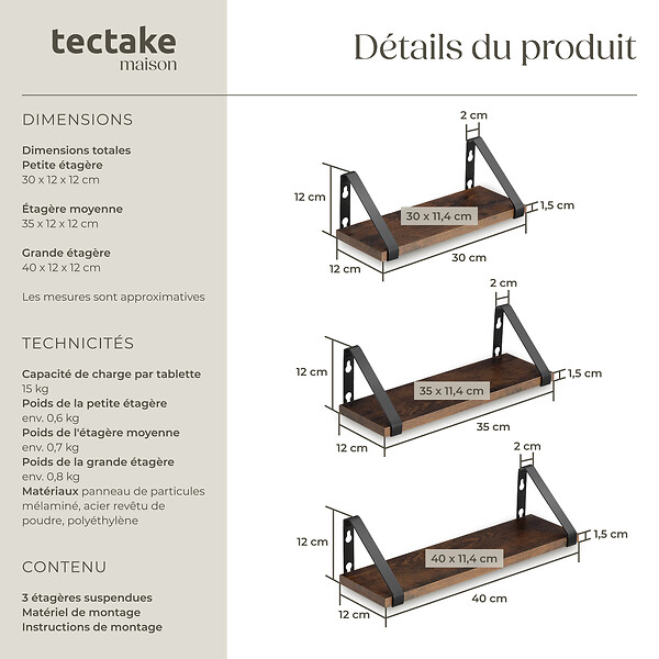 TECTAKE - 3 étagères suspendues Cowell Bois foncé industriel, rustique - large