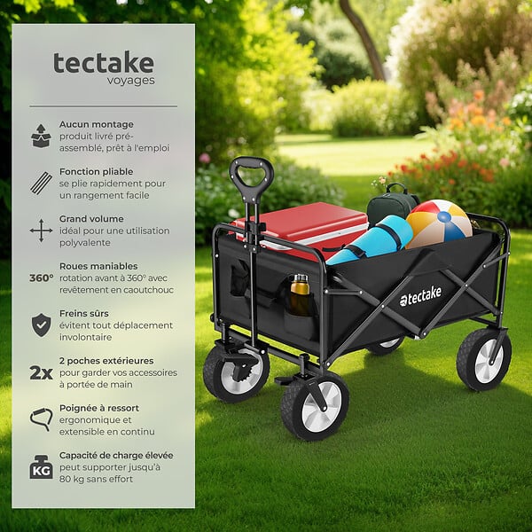 TECTAKE - Chariot pliable LEON avec freins, capacité de charge 80kg noir - large