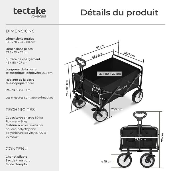 TECTAKE - Chariot pliable LEON avec freins, capacité de charge 80kg noir - large