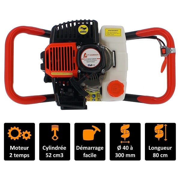 GT GARDEN - Tarière thermique 52 cm3, 3 CV + lot de 3 mèches (80, 100 et 150 mm) - large