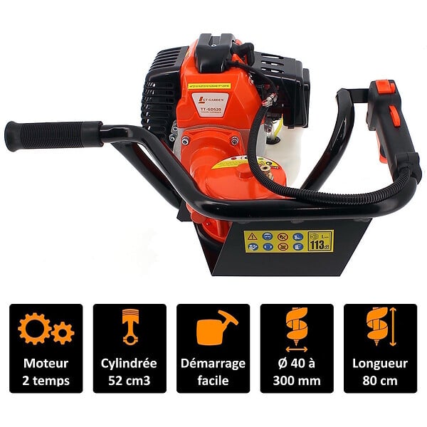 GT GARDEN - Tarière thermique 52 cm3 - 3 CV + mèche 150 mm - large