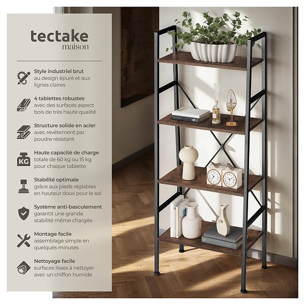 TECTAKE - Etagère échelle NEWCASTLE style industriel 57,5 x 35,5 x 139 cm Bois foncé industriel, rustique - large