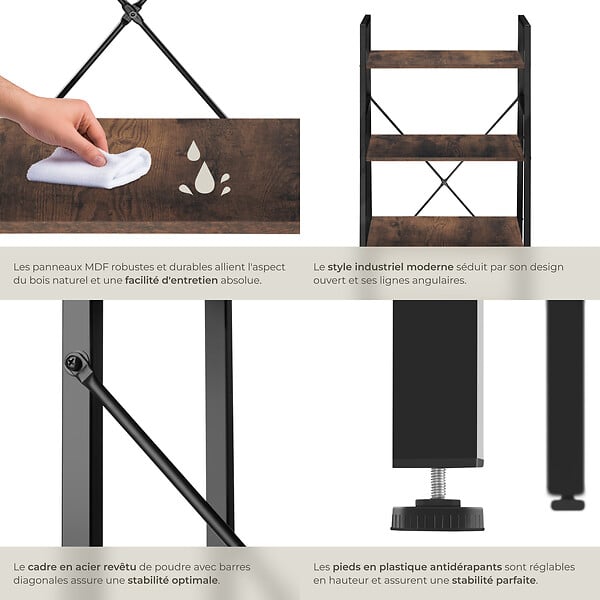TECTAKE - Etagère échelle NEWCASTLE style industriel 57,5 x 35,5 x 139 cm Bois foncé industriel, rustique - large