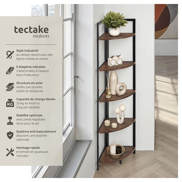 TECTAKE - Étagère d’angle Castlebar 30 x 30 x 150 cm Bois foncé industriel, rustique - large