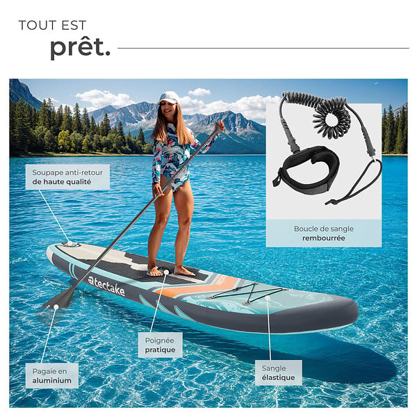 TECTAKE - Planche de stand up paddle gonflable polyvalente 2 en 1 sangle de pied turquoise orange 288 x 77 x 22,5 cm mousse eva - large