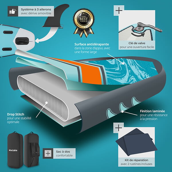 TECTAKE - Planche de stand up paddle gonflable polyvalente 2 en 1 sangle de pied turquoise orange 288 x 77 x 22,5 cm mousse eva - large