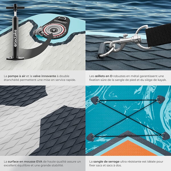 TECTAKE - Planche de stand up paddle gonflable polyvalente 2 en 1 sangle de pied turquoise orange 288 x 77 x 22,5 cm mousse eva - large