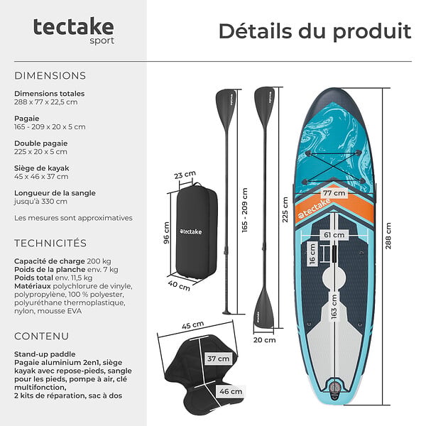 TECTAKE - Planche de stand up paddle gonflable polyvalente 2 en 1 sangle de pied turquoise orange 288 x 77 x 22,5 cm mousse eva - large