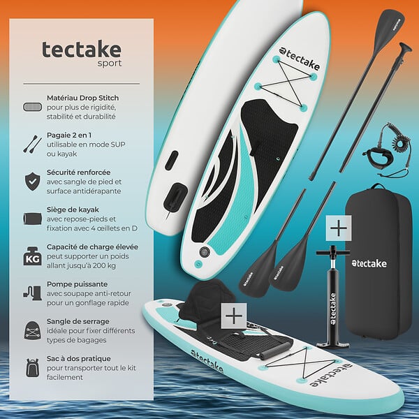 TECTAKE - Planche de stand-up paddle 2 en 1 gonflable kit complet blanc/turquoise, stable, légère, antidérapante - large