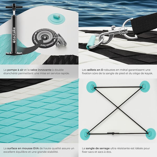 TECTAKE - Planche de stand-up paddle 2 en 1 gonflable kit complet blanc/turquoise, stable, légère, antidérapante - large
