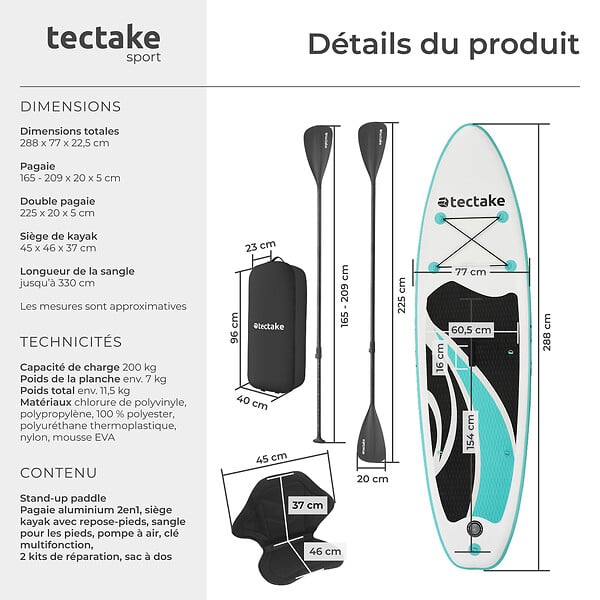 TECTAKE - Planche de stand-up paddle 2 en 1 gonflable kit complet blanc/turquoise, stable, légère, antidérapante - large