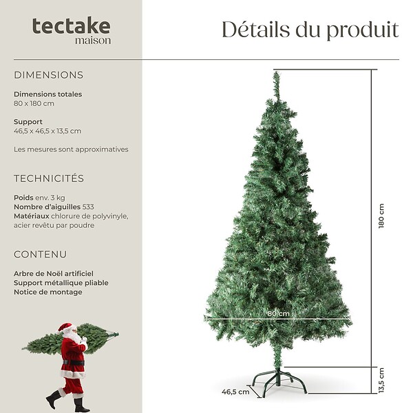 TECTAKE - Sapin de Noël artificiel avec support métallique  vert - large