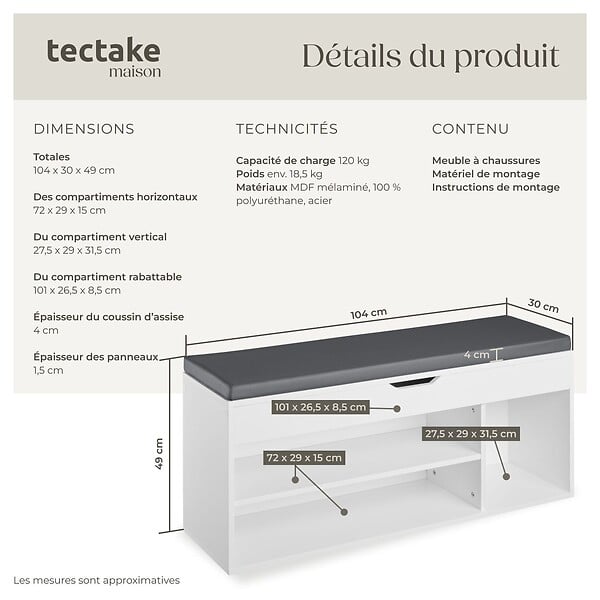 TECTAKE - Banc à chaussures NATALYA avec coussin d'assise 104x30x49cm blanc - large