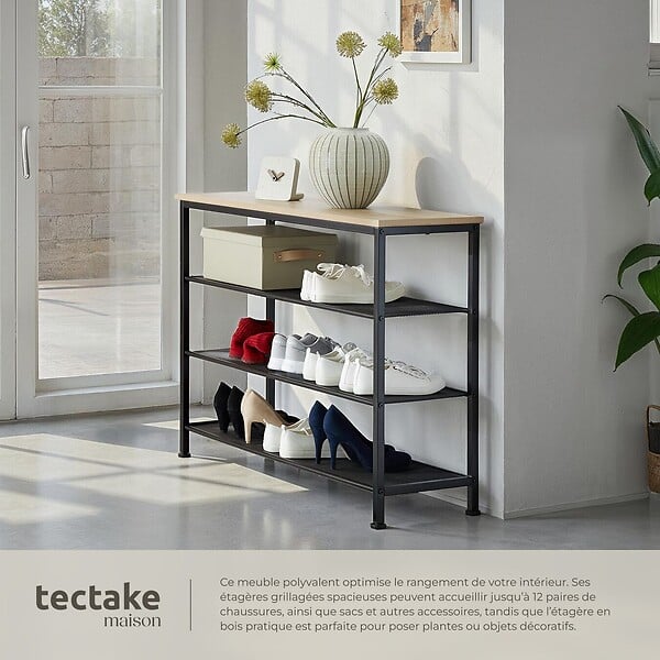 TECTAKE - Étagère à chaussures PORTSMOUTH 100x30,5x72,5cm Bois clair industriel, Chêne Sonoma - large