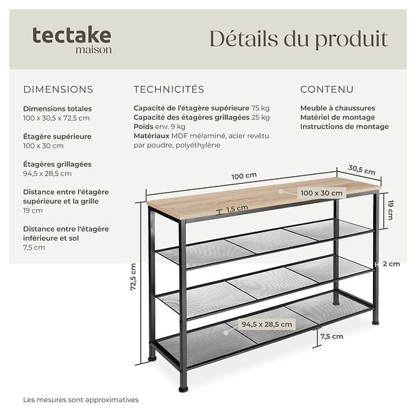 TECTAKE - Étagère à chaussures PORTSMOUTH 100x30,5x72,5cm Bois clair industriel, Chêne Sonoma - large