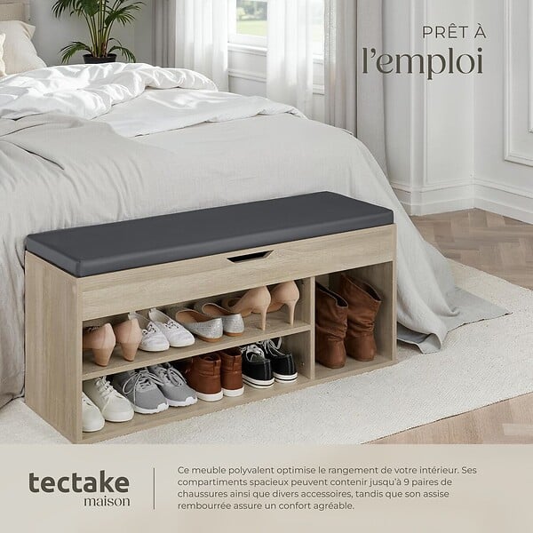 TECTAKE - Banc à chaussures NATALYA avec coussin d'assise 104x30x49cm Bois clair, Chêne Sonoma - large