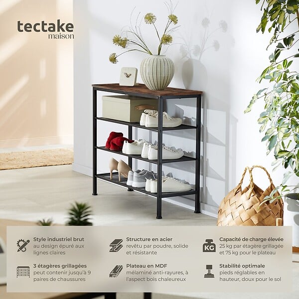 TECTAKE - Étagère à chaussures NEWPORT 80,5x30,5x72,5cm Bois foncé industriel, rustique - large