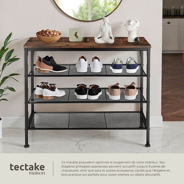 TECTAKE - Étagère à chaussures NEWPORT 80,5x30,5x72,5cm Bois foncé industriel, rustique - large