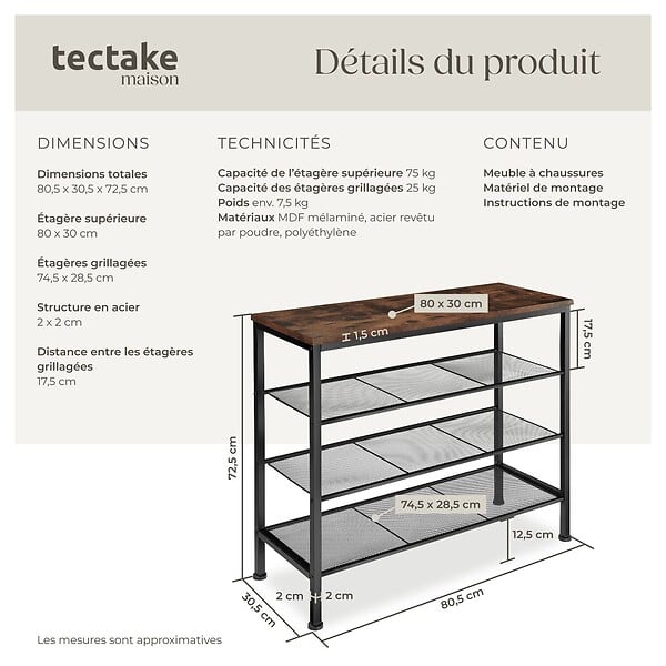 TECTAKE - Étagère à chaussures NEWPORT 80,5x30,5x72,5cm Bois foncé industriel, rustique - large