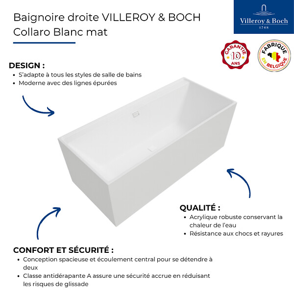 VILLEROY ET BOCH - Baignoire droite 170 x 75 Collaro acrylique blanc mat avec vidage et trop plein blanc mat - large