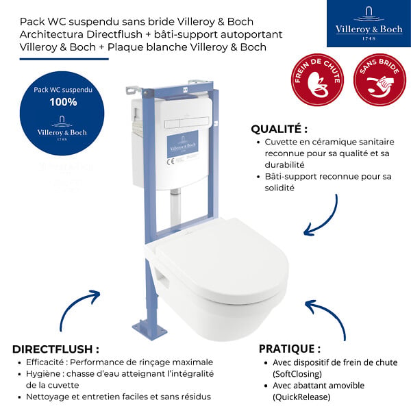 VILLEROY ET BOCH - Pack WC suspendu sans bride  Architectura directflush + abattant frein de chute + bâti-support autoportant + plaque blanche - large
