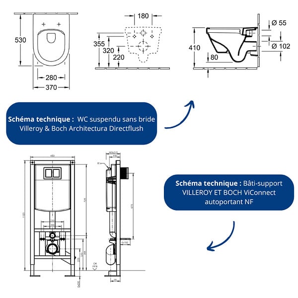 VILLEROY ET BOCH - Pack WC suspendu sans bride  Architectura directflush + abattant frein de chute + bâti-support autoportant + plaque blanche - large