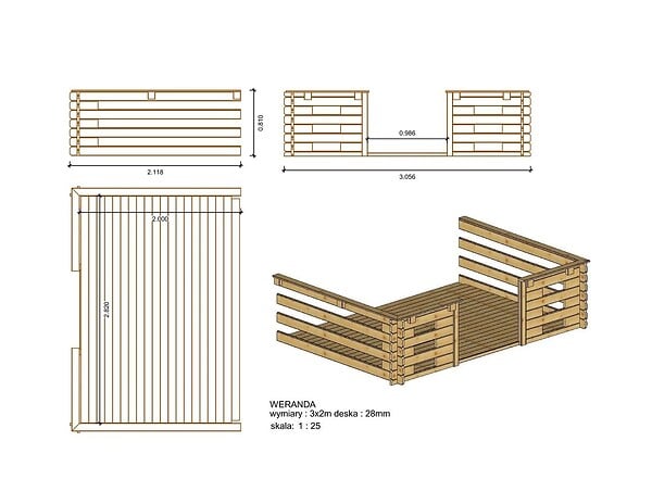 ALTANKA - Terrasse en bois avec balustrade pour abri en bois - 6m2 - 3m x 2m - imprégnée - couleur: marron - DOM147 - large