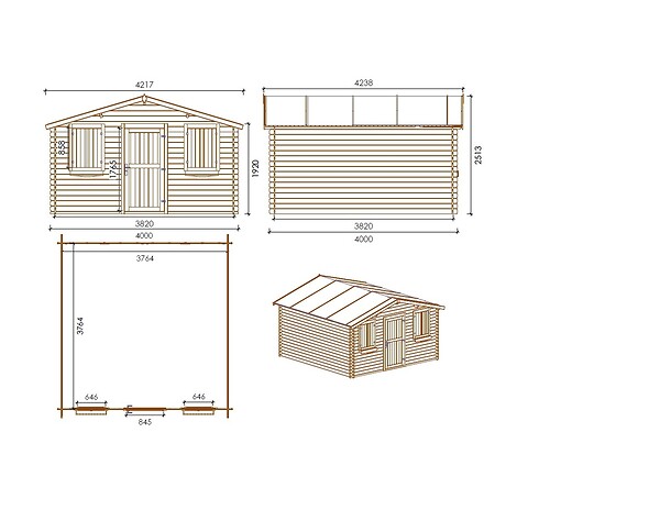 ALTANKA - Abri de jardin en bois - 16m2 - 4x4m - Traité - Ep. 28mm - Couleur: marron - DOM144 - large