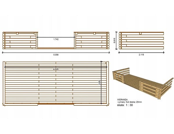 ALTANKA - Terrasse en bois avec balustrade pour abri en bois - 10m2 - 5m x 2m - couleur: naturel - DOM601 - large