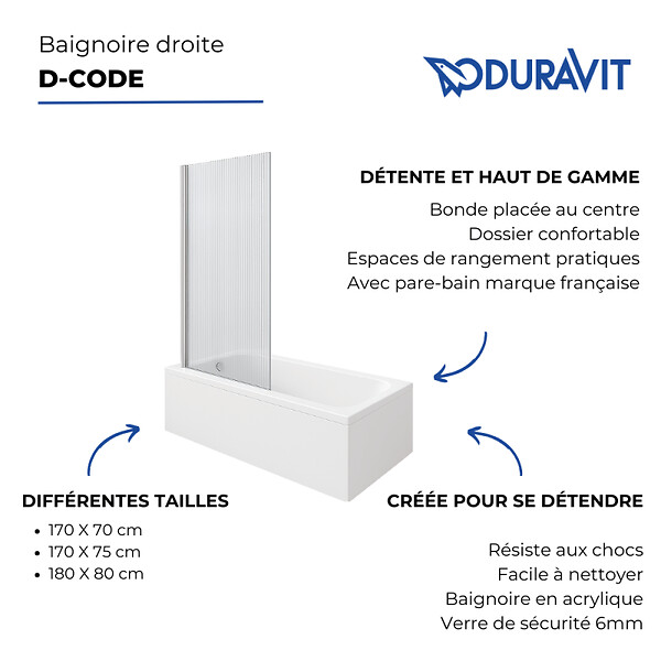 DURAVIT - Baignoire droite D-Code bonde au cente 170 x 75 cm + Pare bain AURYS Raywall chromé version gauche - large