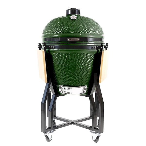 INTEC - Barbecue à charbon de bois Kamado Céramique Vert - 2 zones de cuisson Grill & Fumoir Ø56cm - Barbecue mobile + 2 tablettes INTEC - large