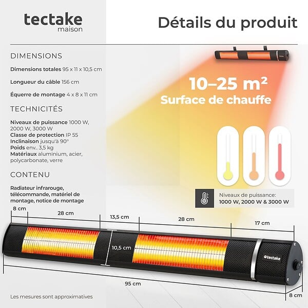 TECTAKE - Radiateur infrarouge Solaris Horizon 3000W, boîtier en aluminium noir - large