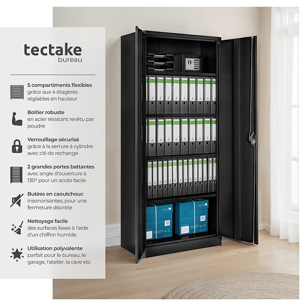 TECTAKE - Armoire de classement en métal verrouillable ajustable en noir - large
