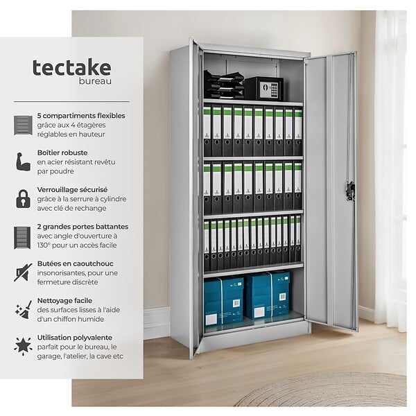 TECTAKE - Armoire de classement métallique grise 5 étagères réglables 180x80x40cm avec serrure sécurité - large