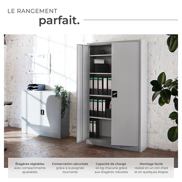 TECTAKE - Armoire de classement métallique grise 5 étagères réglables 180x80x40cm avec serrure sécurité - large