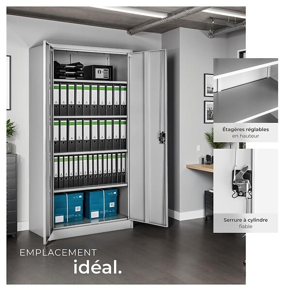 TECTAKE - Armoire de classement métallique grise 5 étagères réglables 180x80x40cm avec serrure sécurité - large