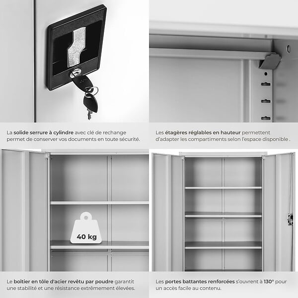TECTAKE - Armoire de classement métallique grise 5 étagères réglables 180x80x40cm avec serrure sécurité - large