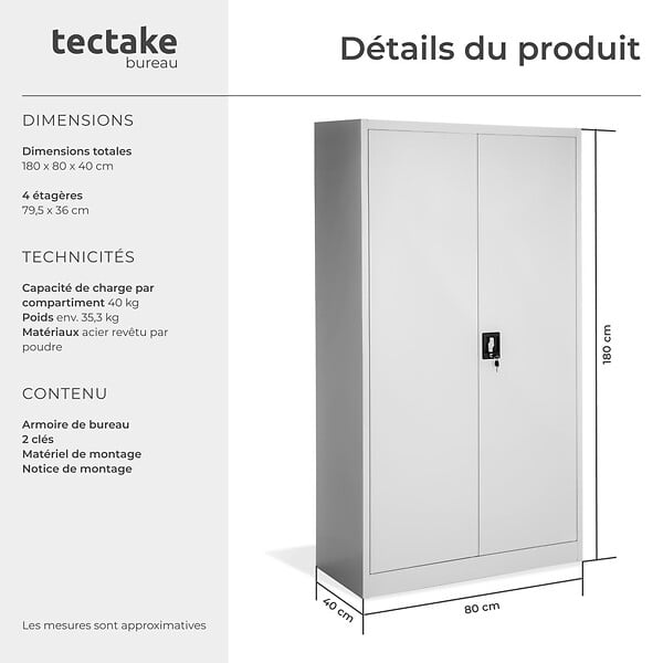 TECTAKE - Armoire de classement métallique grise 5 étagères réglables 180x80x40cm avec serrure sécurité - large