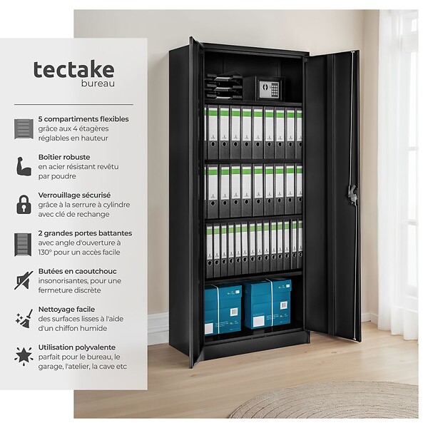 TECTAKE - Armoire de classement noir en acier époxy 180x80x40 cm avec étagères réglables et serrure à clé - large