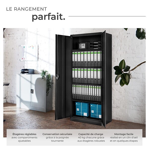 TECTAKE - Armoire de classement noir en acier époxy 180x80x40 cm avec étagères réglables et serrure à clé - large