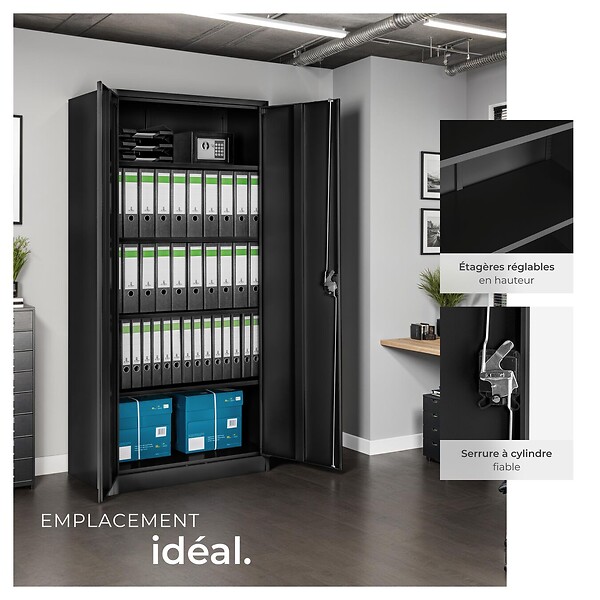 TECTAKE - Armoire de classement noir en acier époxy 180x80x40 cm avec étagères réglables et serrure à clé - large