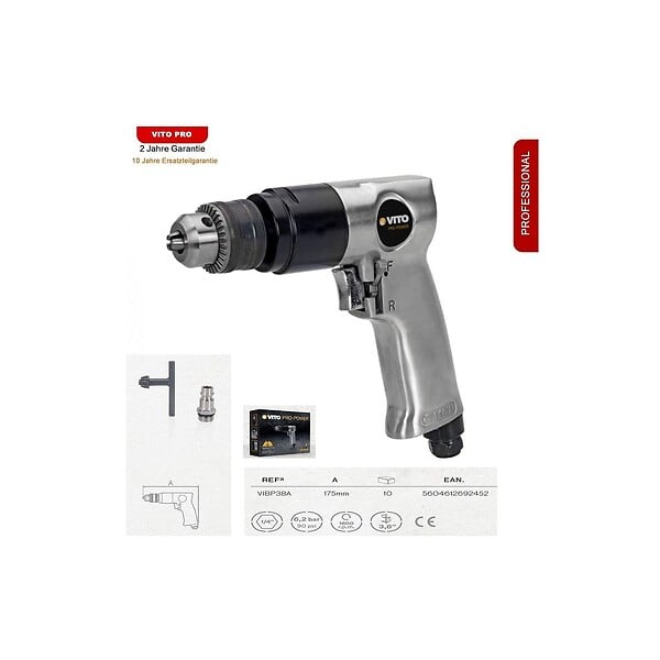 VITO - Perceuse pneumatique à air comprimé Foret Ø10 mm Max - 6.2 bar Entraînement 3/8" Conso :142 l/min Vitesse 1800 tr/min VITO - large