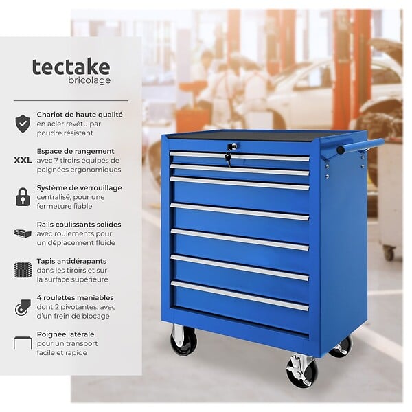 TECTAKE - Servante d'atelier 7 tiroirs bleu - large