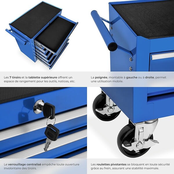 TECTAKE - Servante d'atelier 7 tiroirs bleu - large