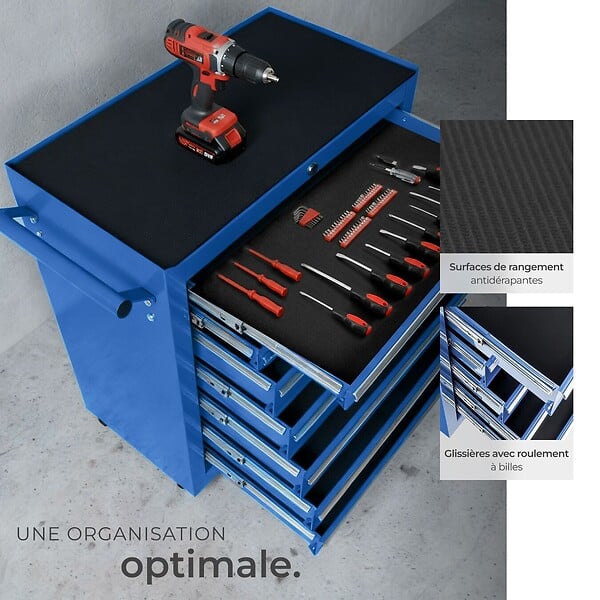 TECTAKE - Servante d'atelier 7 tiroirs bleu - large