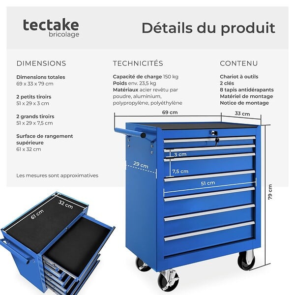 TECTAKE - Servante d'atelier 7 tiroirs bleu - large